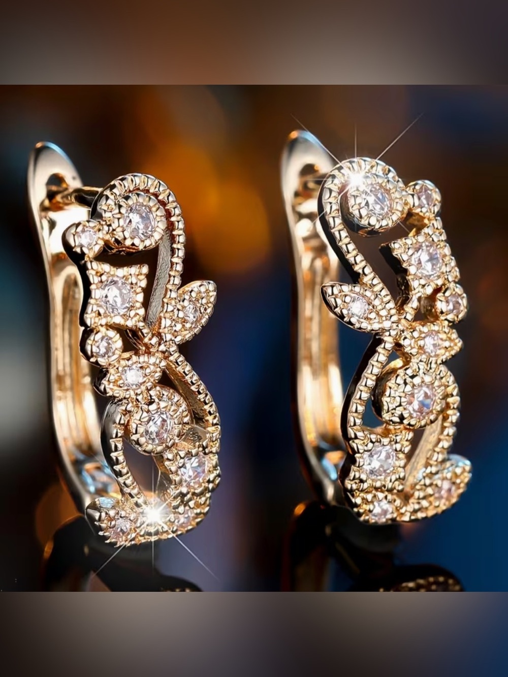 Gold Crystal Hoop Earrings - Elegant Floral Design. - Picture 5 of 6